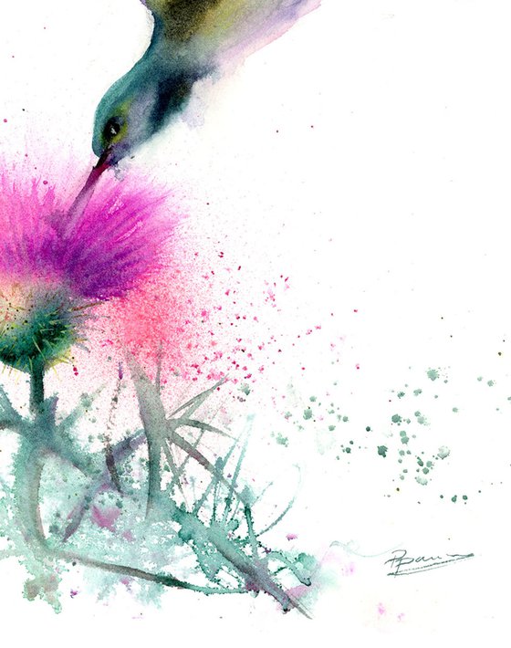 Hummingbird with pink flower