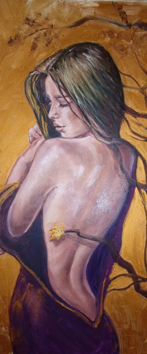 " THE GOLDEN AUTUMN " GIRL GOLD OIL original painting GIFT MODERN URBAN ART OFFICE ART DECOR HOME DECOR GIFT IDEA by Monika Luniak