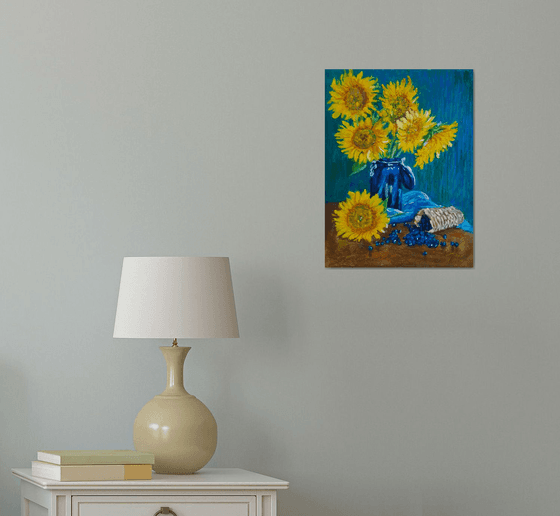 Still life Sunflowers and Blueberries... /  ORIGINAL PAINTING