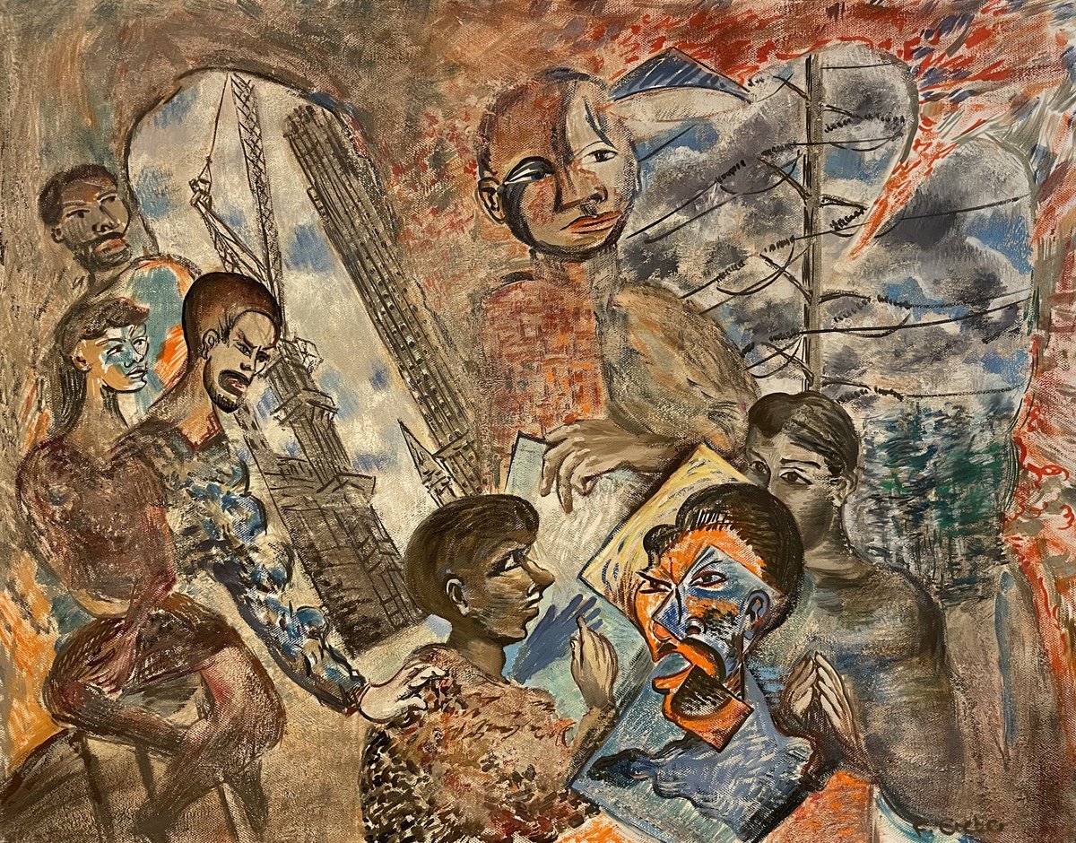 Expressive Cityscapes Oil Painting By Frank Creber, 28 X 22, Board Meeting, Original Artwork