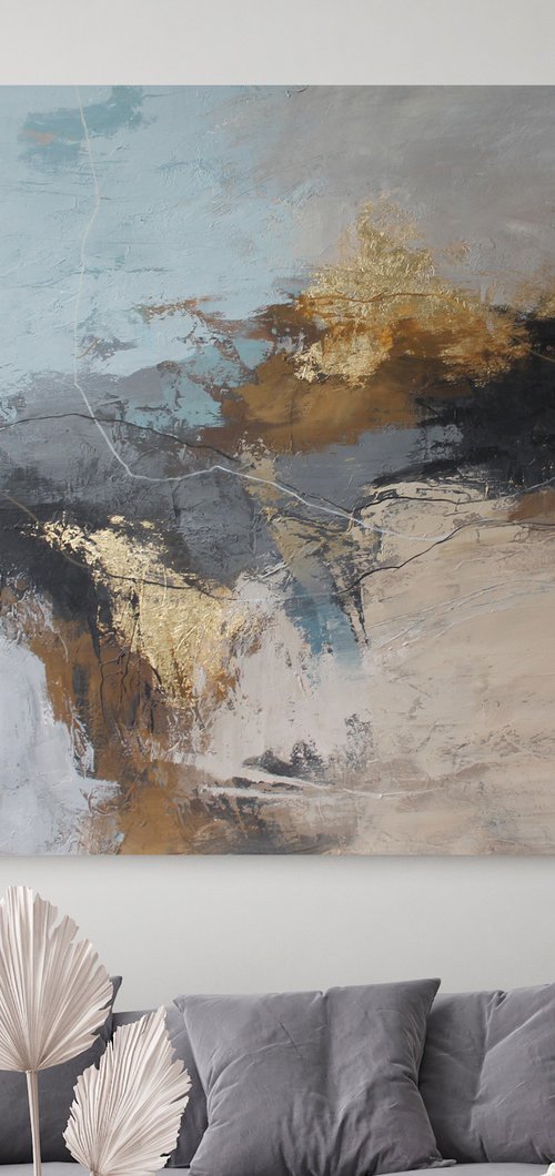 "Flight" Blue beige gray abstract acrylic art by Yana Sagan