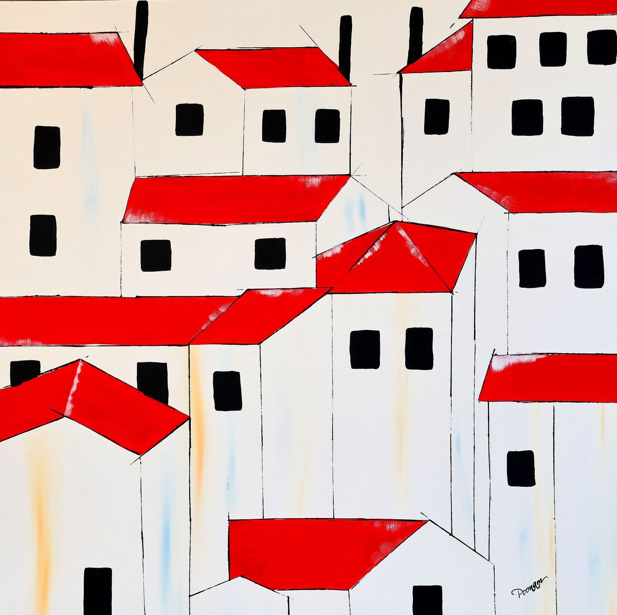 Abstract Cityscapes Acrylic Painting By Poovi Art, 36 X 36", Acrylic - Red Roofs, Original Artwork