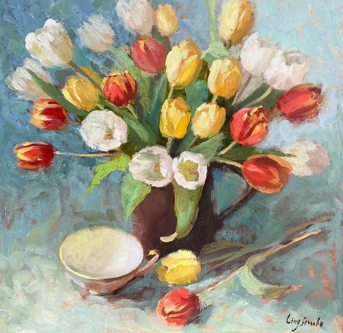 Impressionistic Botanical Oil Painting By Ling Strube, 16 X 16", Tulip Bouquet #4, Original Artwork