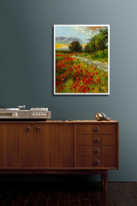 POPPY FIELDS (Modern Impressionistic Landscape Oil Painting, Gift for nature lovers)