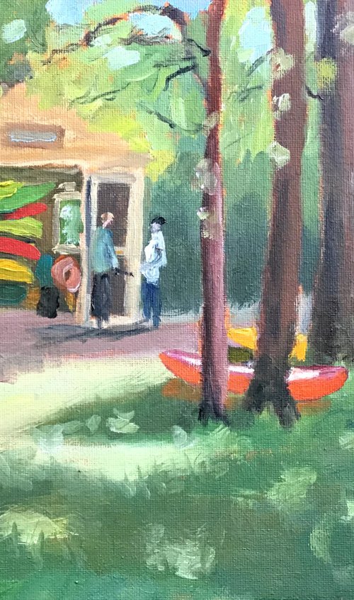 Canoes for hire - A colourful original painting by Julian Lovegrove Art