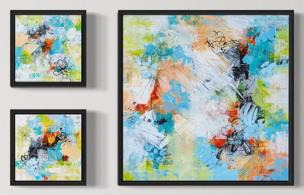 Abstract Acrylic Painting By Vera Hoi, 30 X 21", "Abstract Triptych", Original Artwork