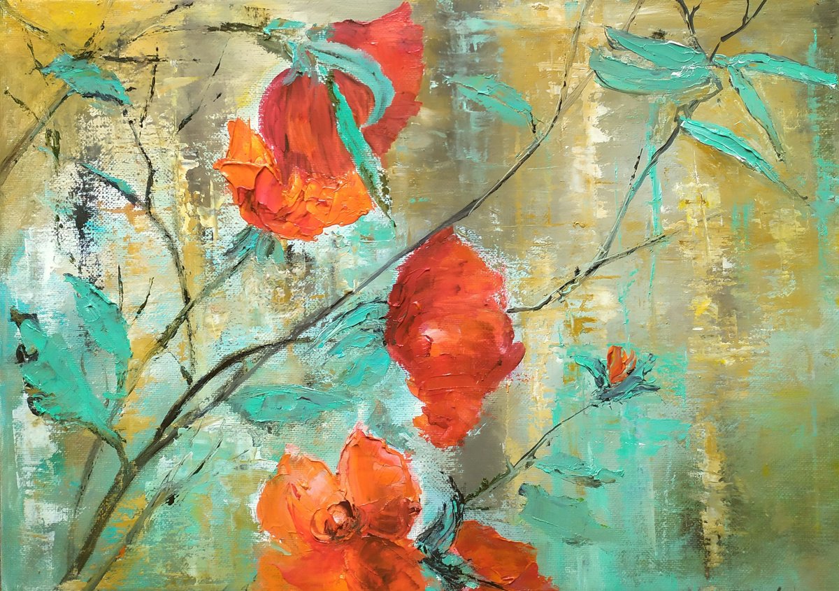 Impressionistic Botanical Oil Painting By Maria Karalyos, 16 X 12", Roses, Original Artwork