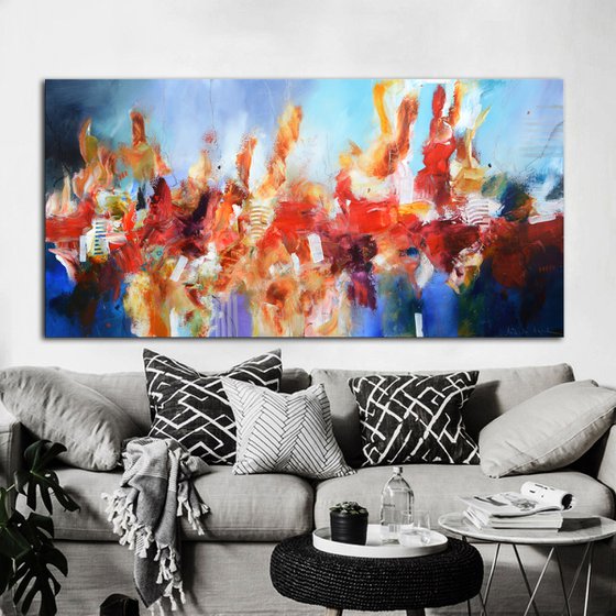 Abstract large painting - Big Bang - red, blue and yellow long abstract painting