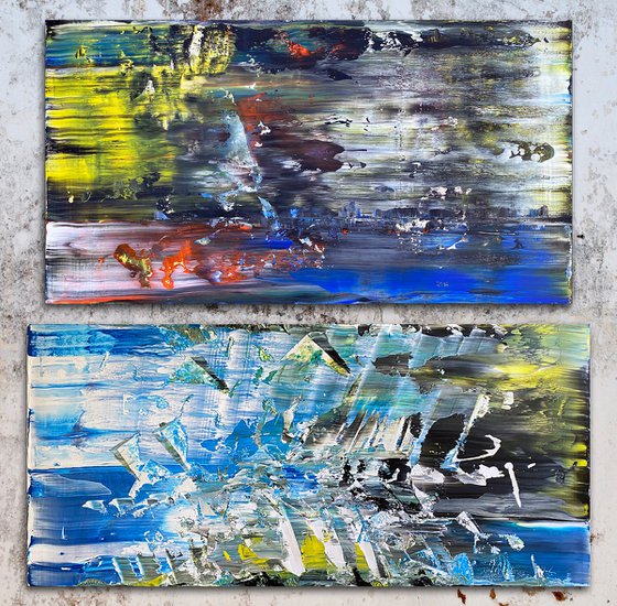 Soul Searching - Original PMS Abstract Acrylic Painting Diptych On Recycled Wood and Wooden Desk Panels - 55" x 54"