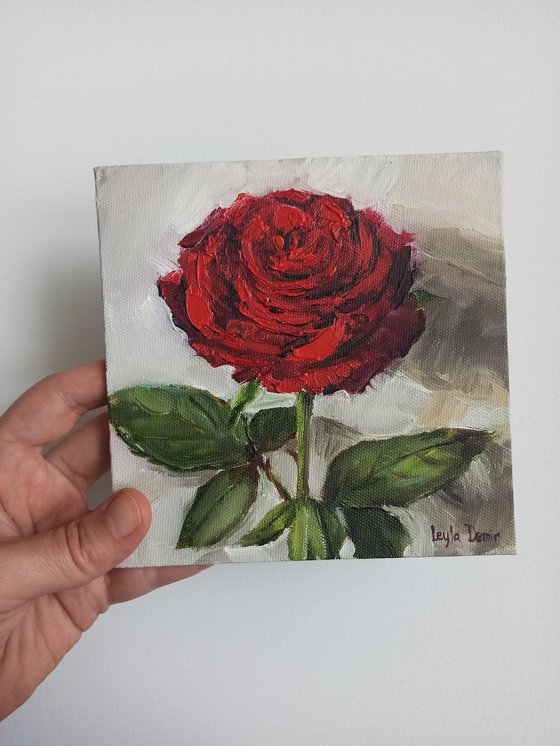 Red rose oil painting mini wall art 6x6"