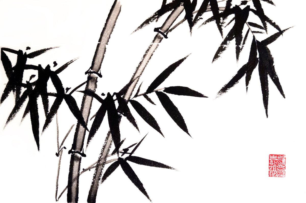 Two bamboo branches -  Bamboo series No. 2132 - Oriental Chinese Ink Painting by Ilana Shechter