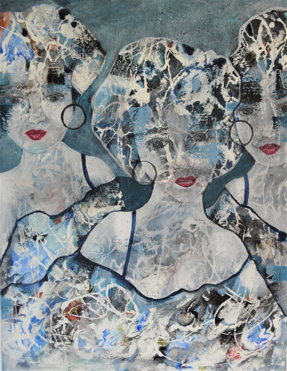 Expressive Portrait Acrylic Painting By Sylvie Oliveri, 28 X 35", Three Women, Original Artwork