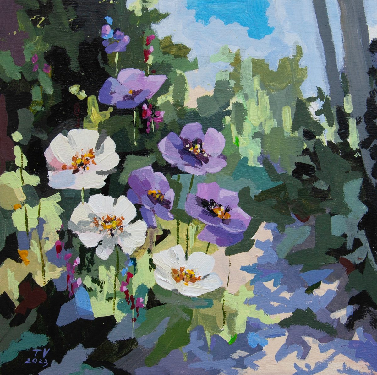 Garden flowers. Acrylic painting. Original art. 10 x 10 by Tetiana Vysochynska