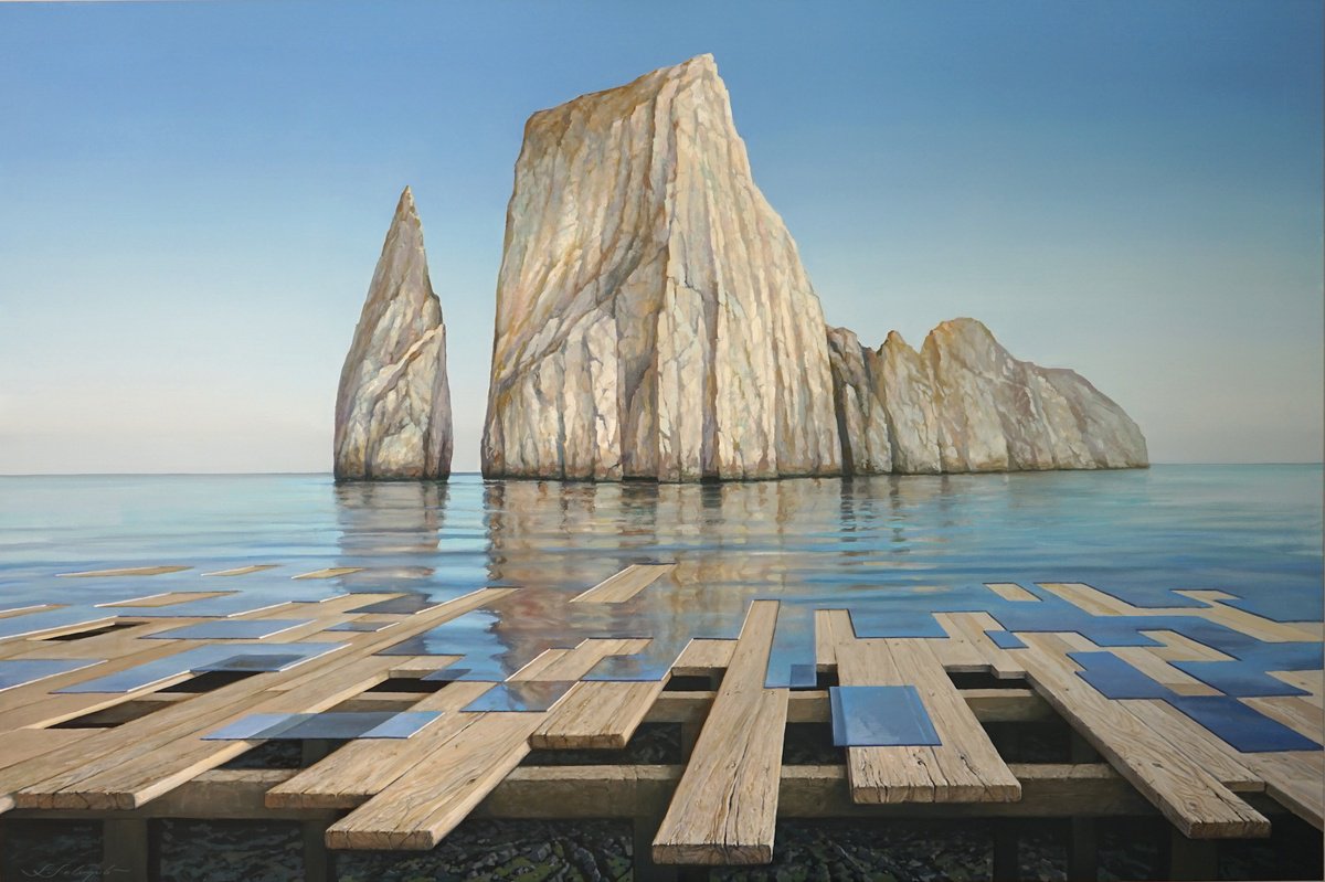 Surrealistic Landscape Oil Painting By Sergej Sologub, 77 X 51", Island 2, Original Artwork