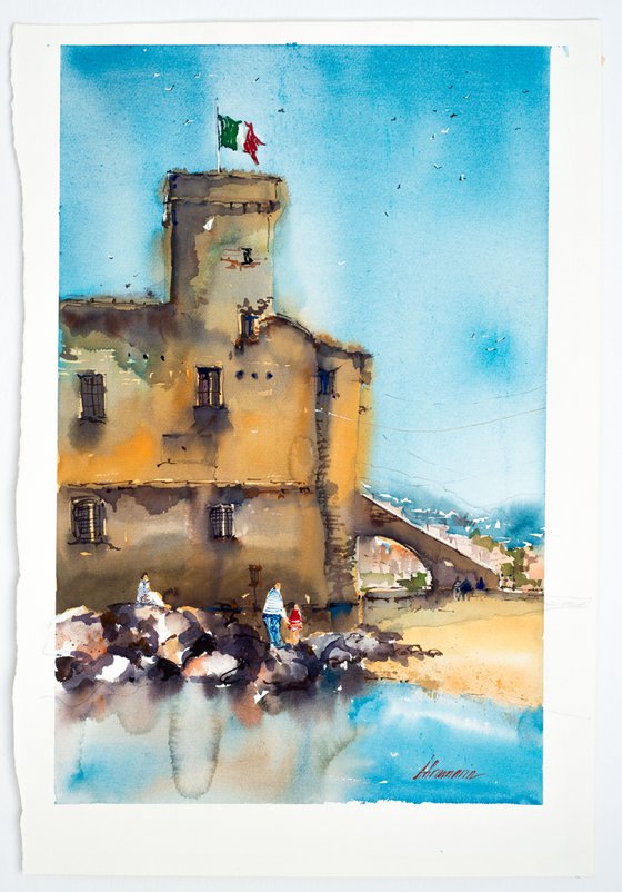 Liguria. Rapallo castle. Original watercolor picture.