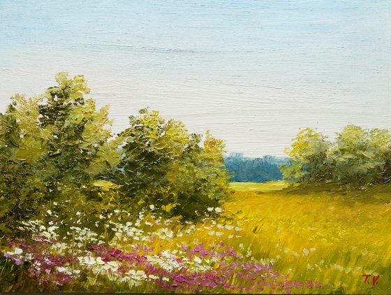 Summer landscape. Oil painting. Small painting 6 x 8. Miniature.