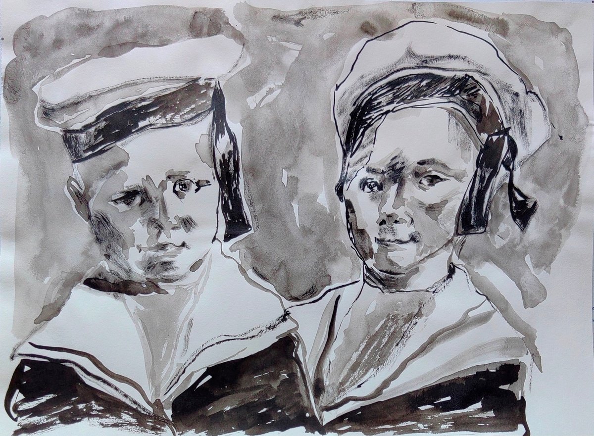 Impressionistic Portrait Ink Drawing By Jelena Djokic, 11 X 8, Little Sailors, Original Artwork