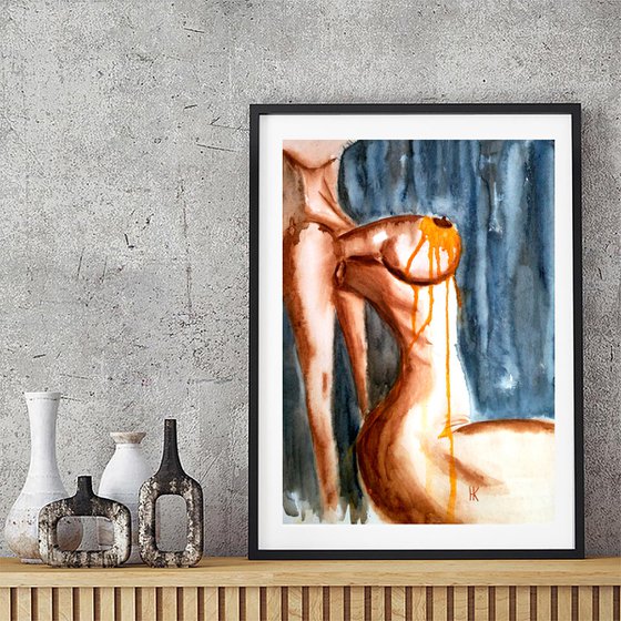 Nude Painting Woman Original Art Female Sitting Nude Watercolor Woman's Breast Small Erotic Home Wall Art 12 by 17" by Halyna Kirichenko