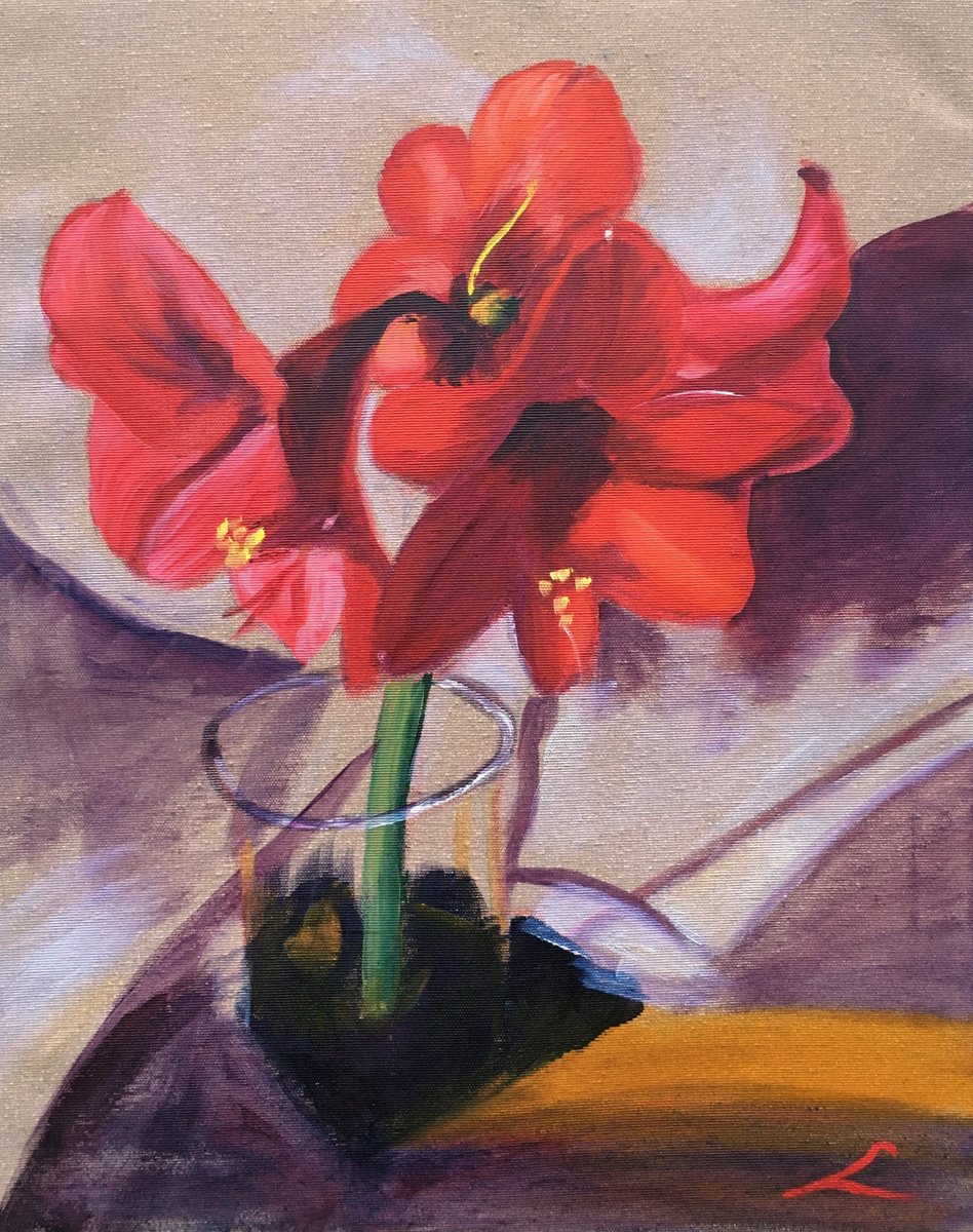 Impressionistic Botanical Oil Painting By Elena Sokolova, 16 X 20, Red Amaryllis, Original Artwork