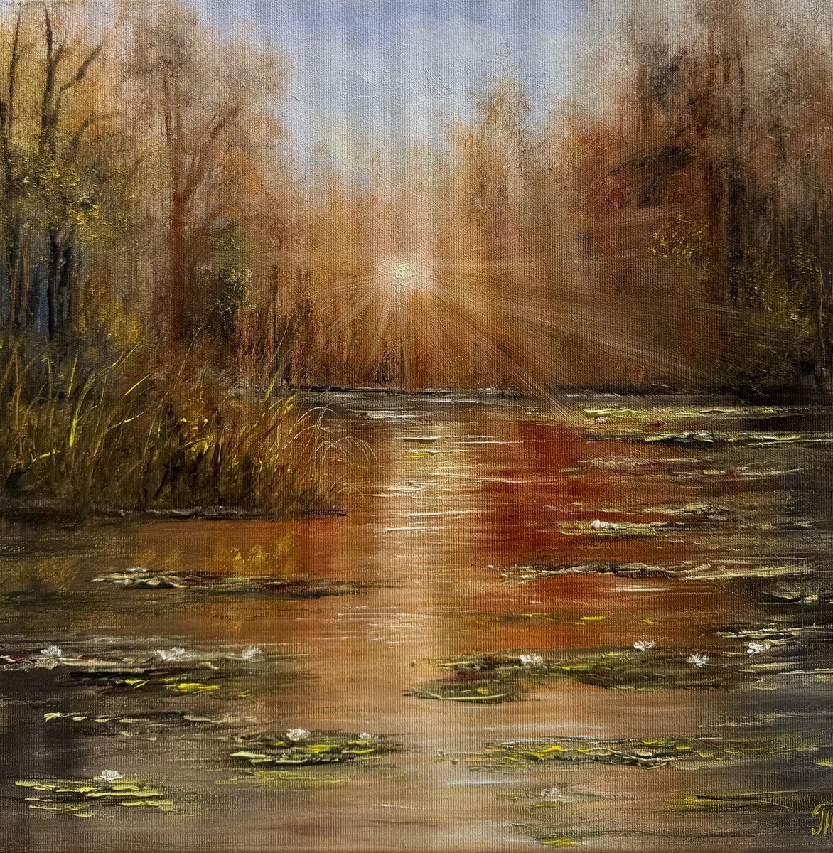 Impressionistic Botanical Oil Painting By Tanja Frost, 16 X 16", Sunset, Original Artwork