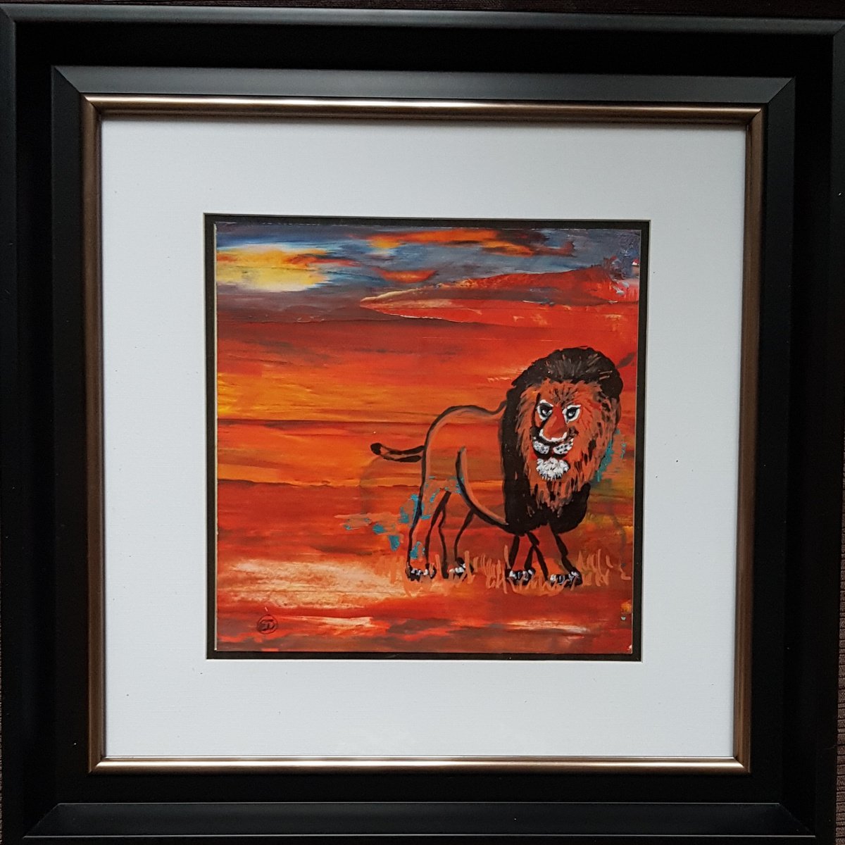 Animal Acrylic Painting By Els Driesen, 14 X 14, Lion At Sunset, Original Artwork