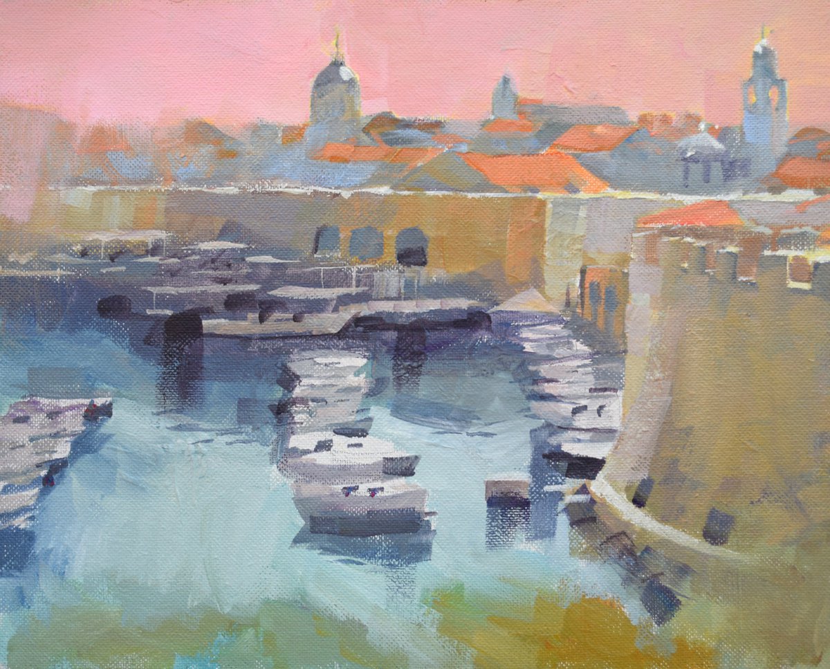 Cityscapes Acrylic Painting By Goran Zigolic Watercolors, 20 X 16, Dubrovnik (Harbor Porat), Original Artwork