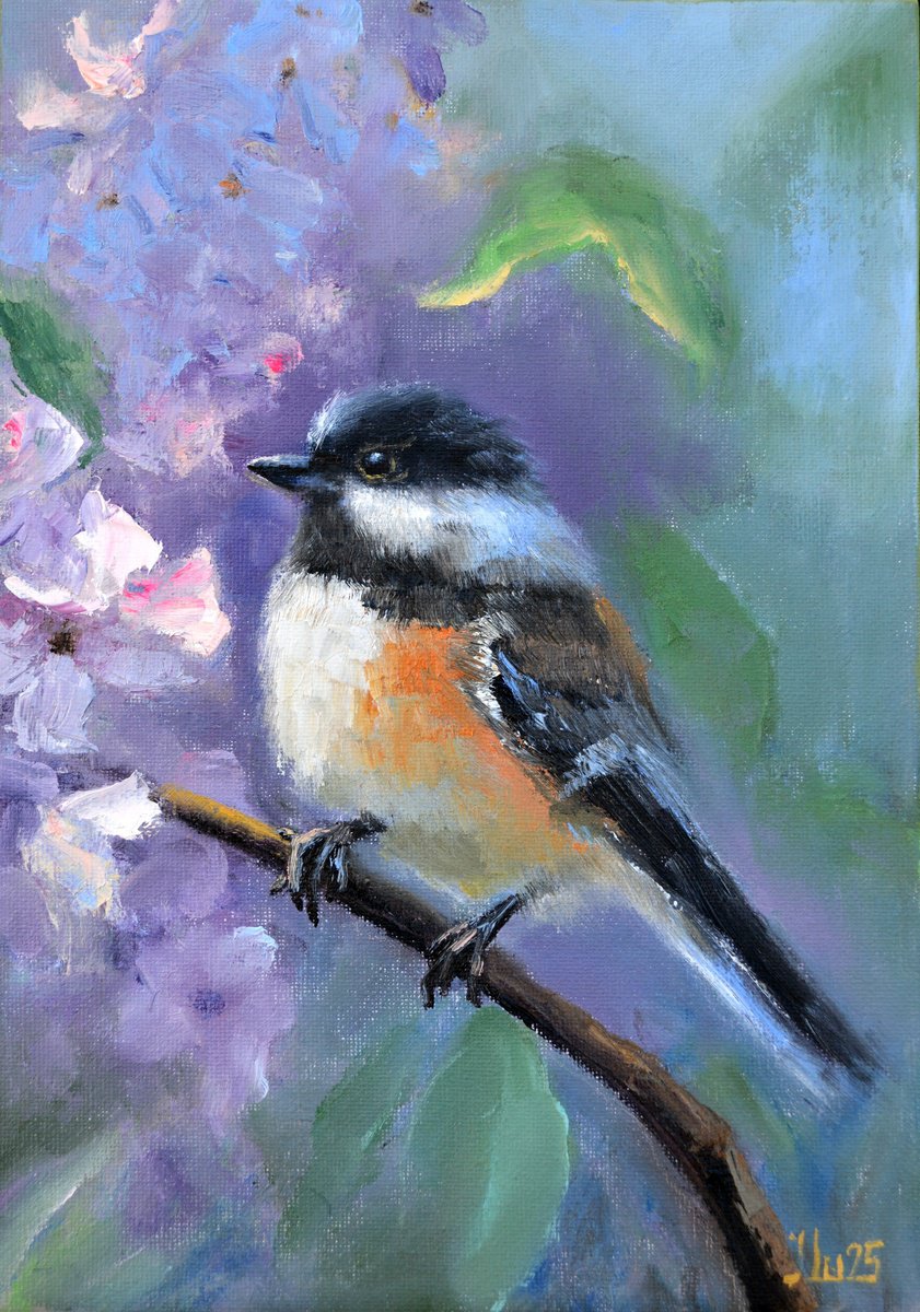 Impressionistic Animal Oil Painting By Elena Lukina, 8 X 12, Bird In A Blooming Garden, Original Artwork