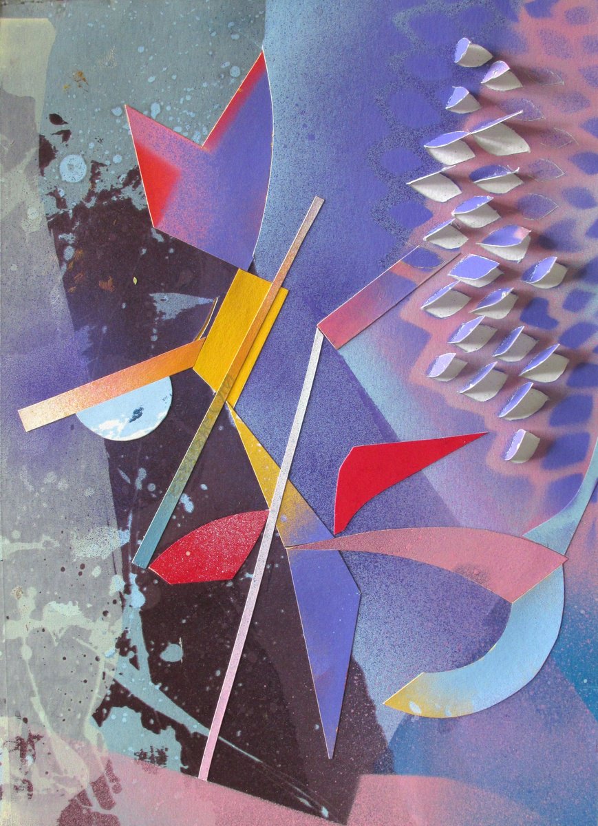 Geometric Abstract Collage By Alfred Ng, 9 X 13, Red, Blue And Yellow, Original Artwork