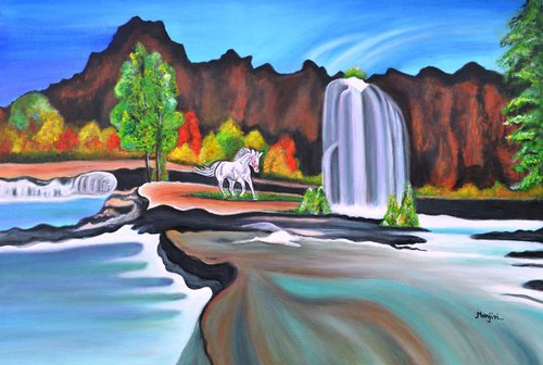 The Waterfall landscape on canvas by Manjiri Kanvinde