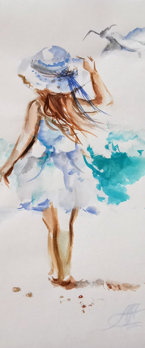 Childhood and the beach watercolor drawing by Annet Loginova