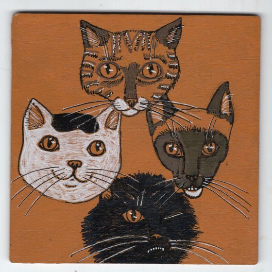 Four Rescue Cats 4x4 Acrylic Painting on Wood by Jo Potocki