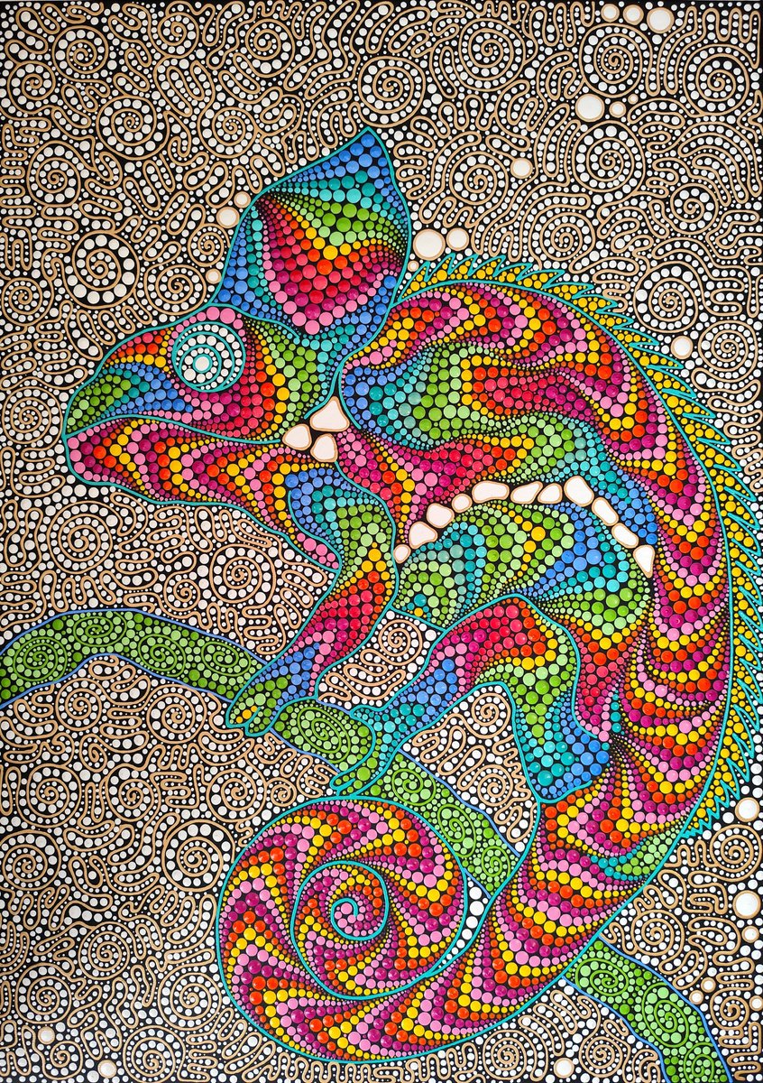 Expressive Animal Acrylic Painting By Oxana Lazari, 20 X 28", Chameleon, Original Artwork