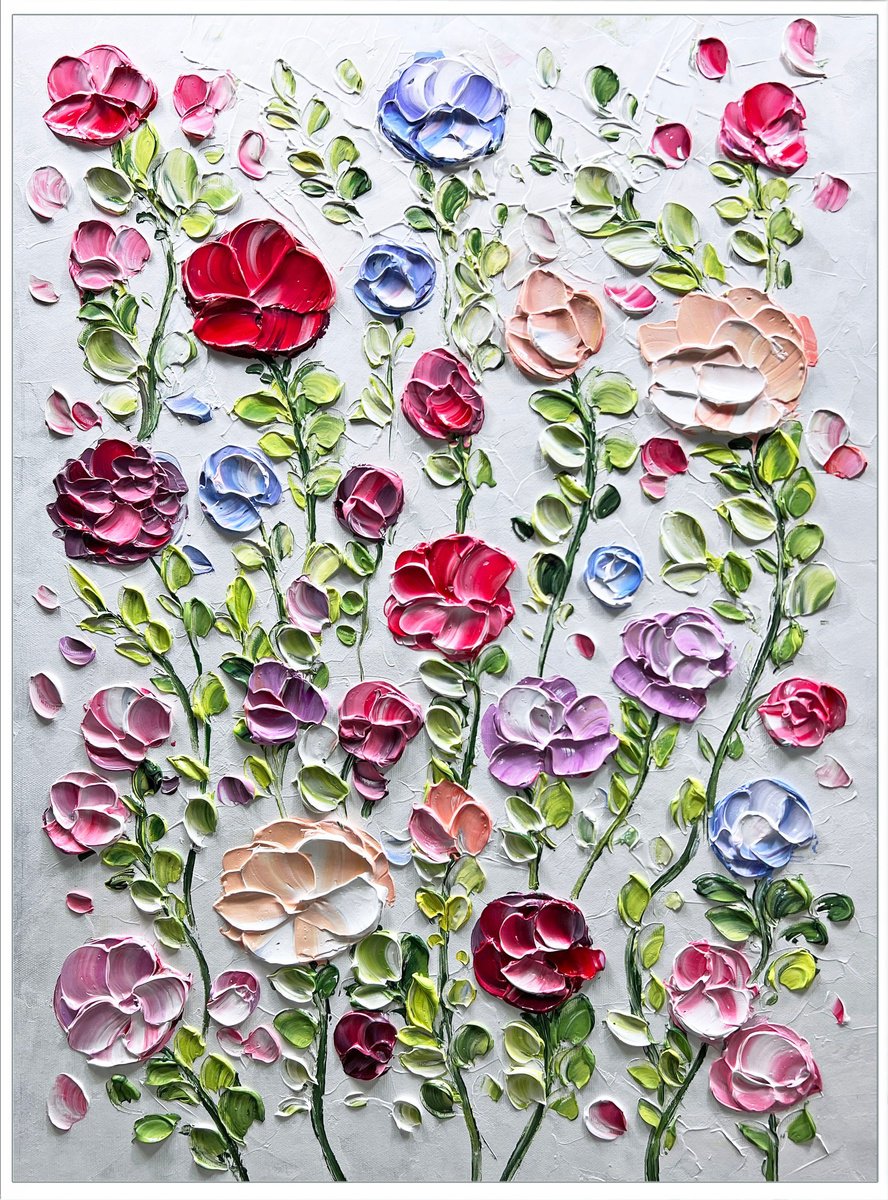 Abstract Botanical Acrylic Painting By Lana Guise, 21 X 29", Roses Garden, Original Artwork