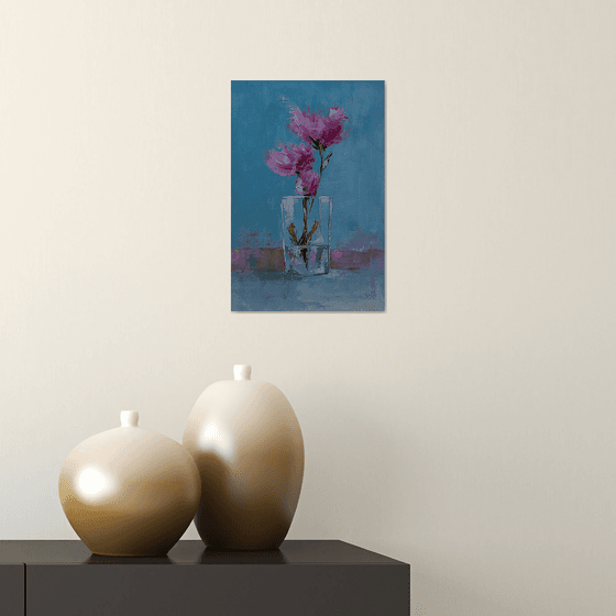 Red flowers in glas. Still life painting with flowers