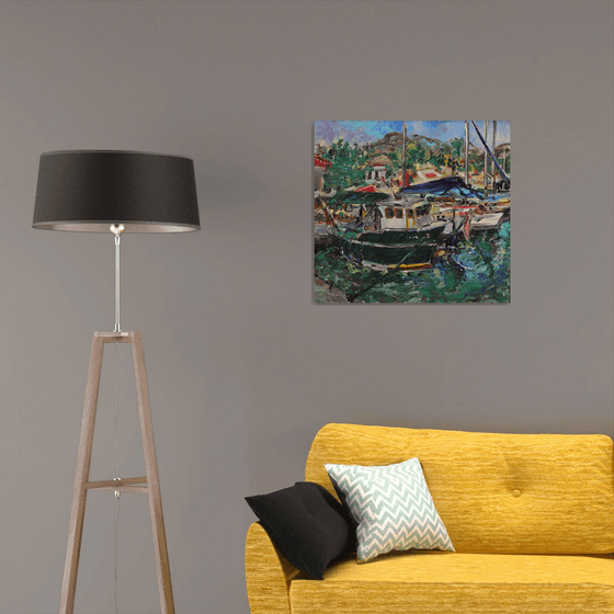 MARMARIS BOAT - marina landscape, original painting oil on canvas, boats, vacations holyday summer , seashore, water