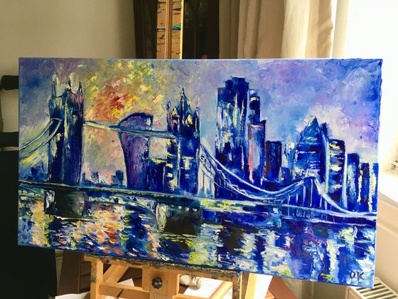 Tower bridge, City of London,  sunrise, variations of blue colors: ultramarine, navy blue, turquoise, sky blue, cobalt, palette knife original artwork.