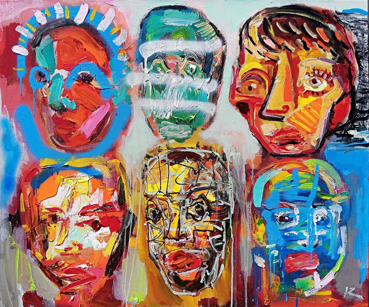 Expressive Portrait Acrylic Painting By Ruslan Khais, 36 X 30", Six Kings, Original Artwork