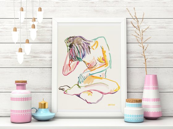 Female Nude Art Original Painting Drawing Charcoal Water Colour Nude