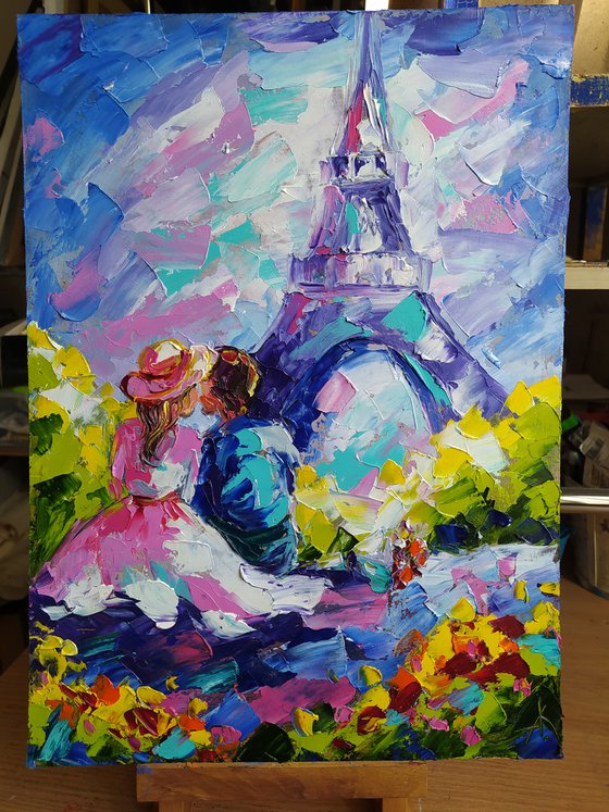 Love in Paris - Paris oil painting, love, France, lovers, Eiffel Tower, Eiffel Tower Paris, Eiffel Tower oil painting