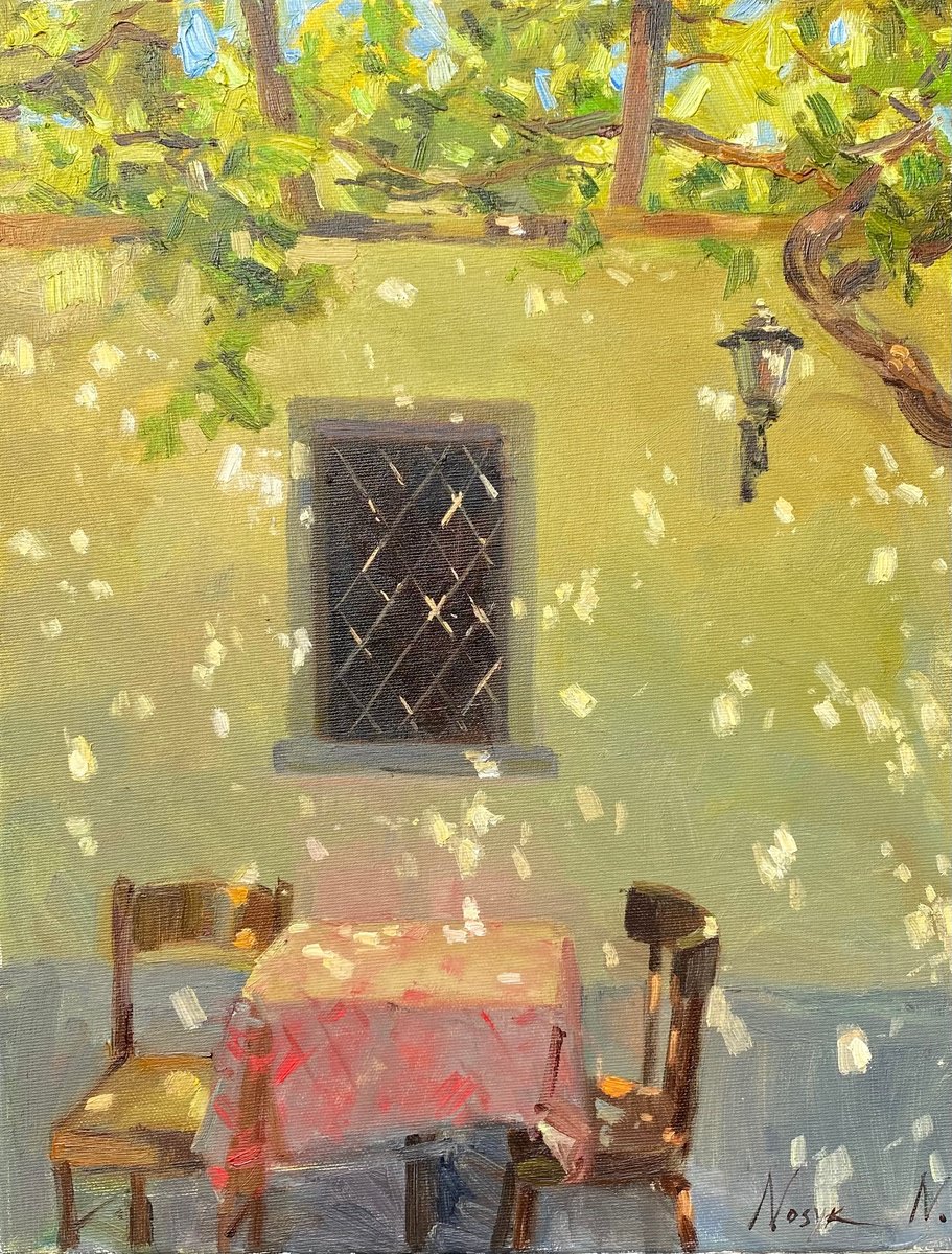 Impressionistic Cityscapes Oil Painting By Nataliia Nosyk, 14 X 18", Under The Vine Shadow, Original Artwork