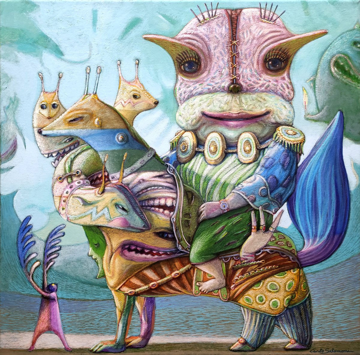 Surrealistic Animal Painting By Carlo Salomoni, 23 X 23, The Provident Leader, Original Artwork