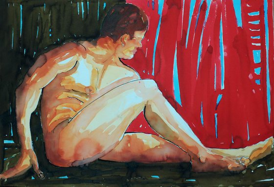 Sitting  Male Nude Watercolour
