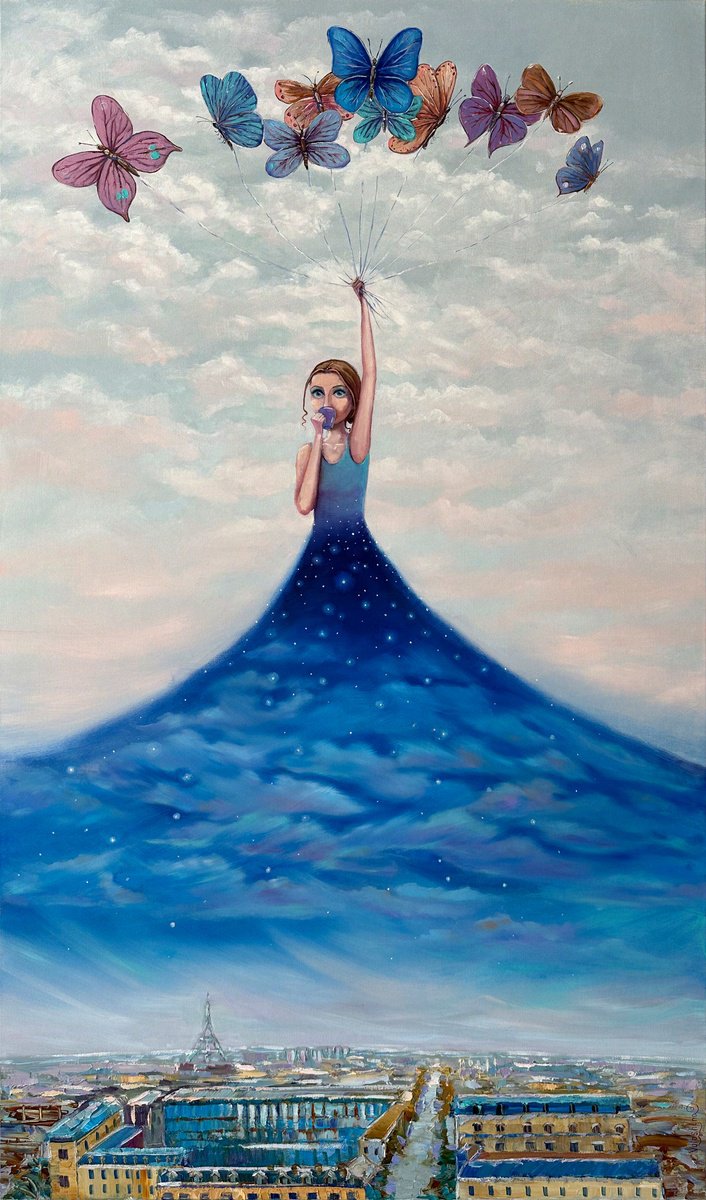 Surrealistic Portrait Oil Painting By Mary Voloshyna, 28 X 47", "How Night Is Born In Paris". Original Surrealistic Oil Painting. Xxl, Artfinder