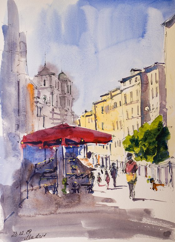 Madrid. Side street near Plaza Mayor. Street sketch. Small urban bright decor interior