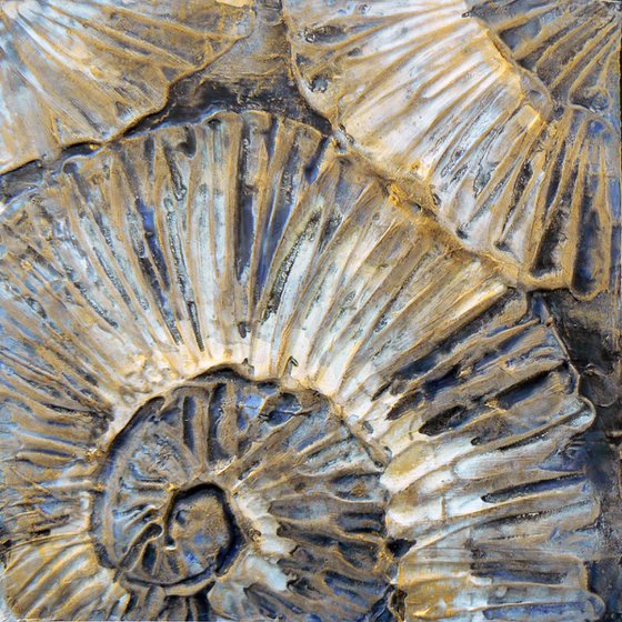 Ammonites (minimalism - ammonites textured painting in black, white and gold #2 ) Framed, ready to hang