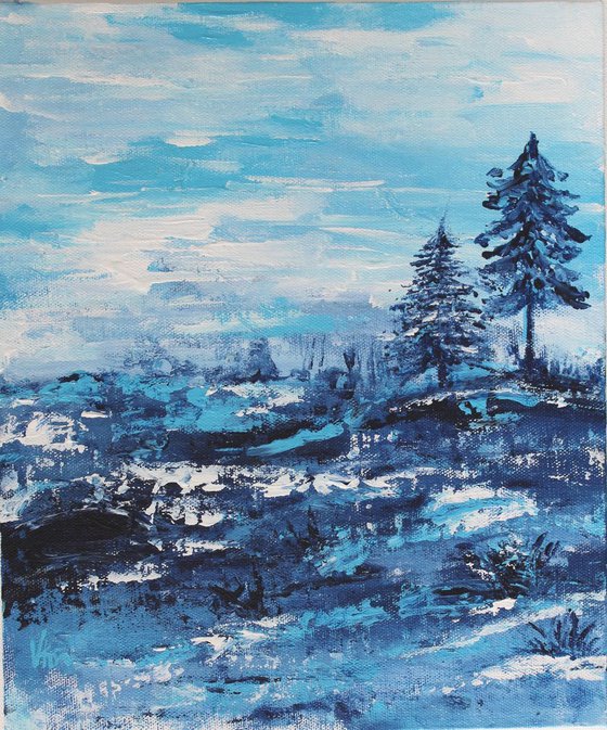 "Winter Wonderland-2, 2018" - Snowy Blue Landscape & Trees - Acrylic Painting on a Canvas Board
