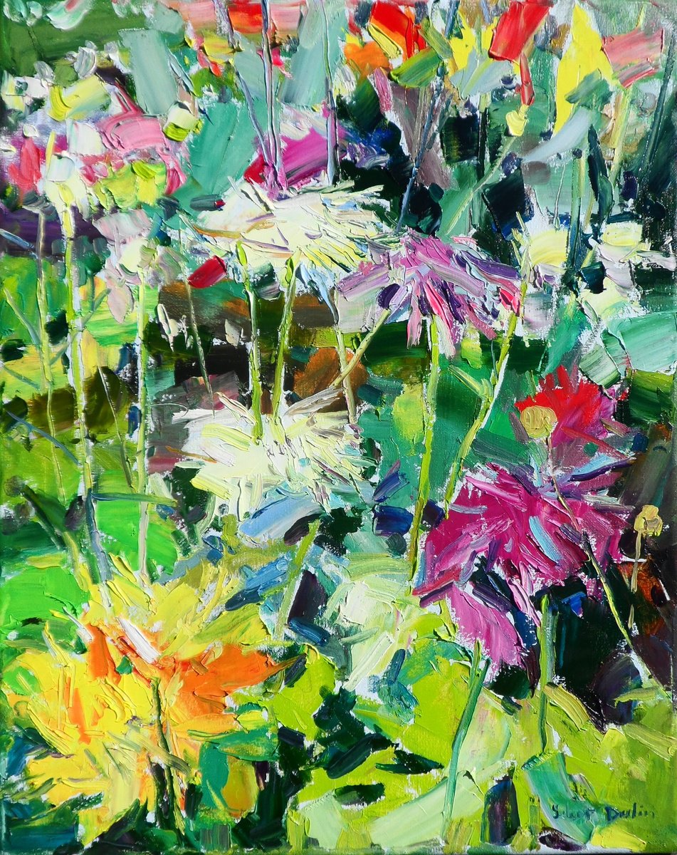 Expressive Botanical Oil Painting By Yehor Dulin, 16 X 20", " Dahlia Flowers", Original Artwork