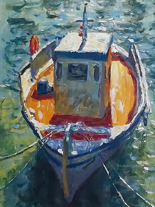 Orange fishing boat by Dimitris Voyiazoglou