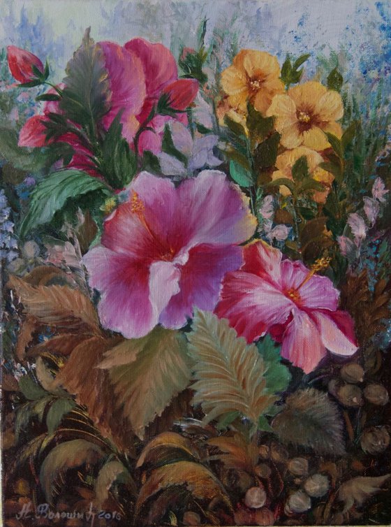 Impressionist oil painting of flowers - In the garden