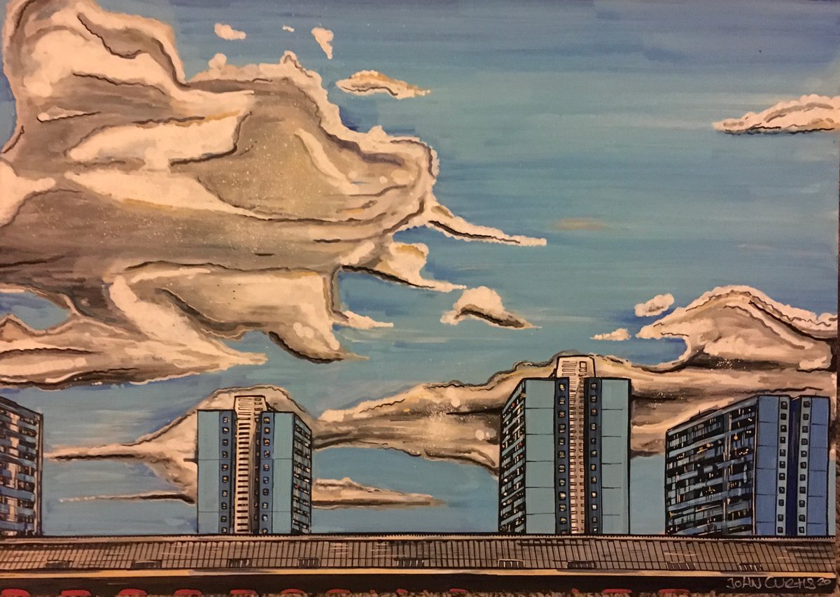 Illustrative Cityscapes Painting By John Curtis, 17 X 12, Mr Blue Sky, Original Artwork